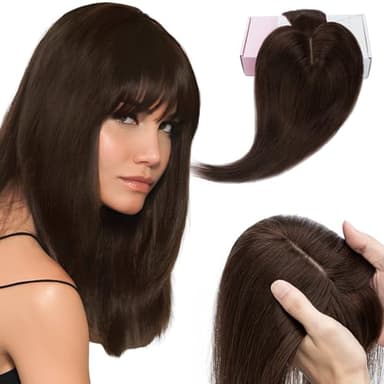 Elailite Hair Toppers for Women Real Human Hair Topper with Bangs Thinning Thin 5.1"x2.8" Silk Base Clip in Remy Hairpieces 10 Inch Dark Brown