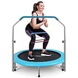 SereneLife 40" Foldable Mini Trampoline - Compact Fitness Trampoline for Kids Adults, Exercise Rebounder with Adjustable Foam Handle, Indoor/Garden Workout Equipment, Max Load 200 lbs, Sky Blue