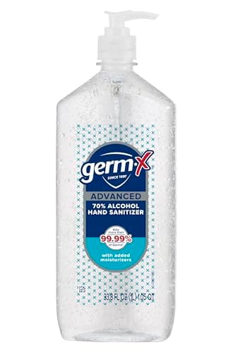 Germ-X Advanced Hand Sanitizer, 34 Fl Oz (1 Liter), Less Drying Moisturizing Clear Gel, No Rinse Formula, Large Family Size Pump Bottle