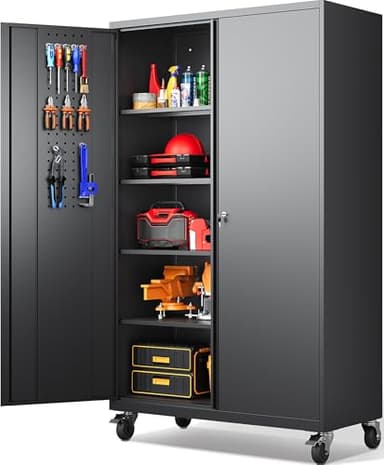SISESOL Wide & Deep Metal Storage Cabinet with Wheels,Tall Rolling Garage Storage Cabinet with Lock,Black Metal Cabinets with Pegboards and Shelves,Tool Locker for Garage,Home,Office,43''Wx 20''Dx71"H