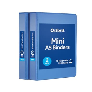 Oxford Mini View Binders, 1" Round Rings, Small Binders for School or Office, Holds A5 Size Paper, 2 Clear Pockets, PVC-Free, Non-Stick, 5.5 x 8.5 inches, Holds 225 Sheets, Blue, 2 Pack (1017045)