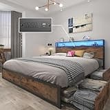 Lifezone Queen Bed Frame with 2-Tier Storage Headboard, Metal Platform Bed Frame with 4 Storage Drawers, Built in Charging Station & LED, Noise-Free/Metal Support/No Box Spring Needed, Vintage Brown