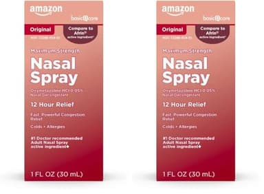 Amazon Basic Care Maximum Strength 12 Hour Nasal Spray, Oxymetazoline HCl Solution, Congestion Relief, Cold and Allergy Medicine, Decongestant, 1 Fl Oz (Pack of 2)