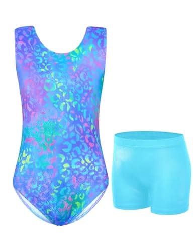 Jinhiteam Girls Gymnastics Leotards Size 6-7 Years Old Sparkly Blue Leopard Sleeveless Tumbling Gym Leos with Shorts