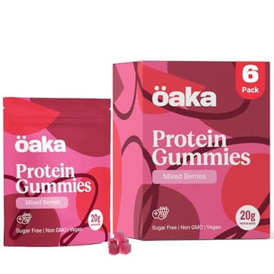 OAKA Protein Gummies (6 pack), 20g Protein, 85 Calories, Sugar Free Candy Snack, Mixed Berries