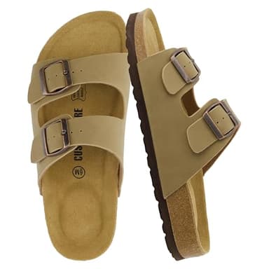 CUSHIONAIRE Lane Cork Footbed Sandals for Women – Comfortable Double Buckle Slip-On with Genuine Suede Footbed & Arch Support Slides for Women Footwear, TAUPE 8