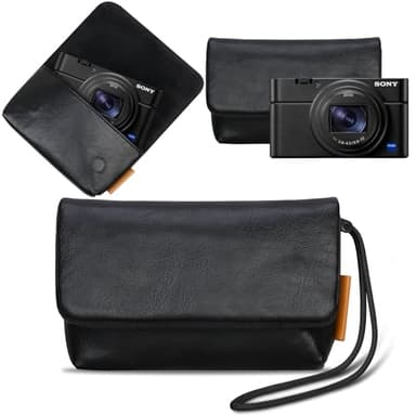 Lacdo Camera Case Bag for Sony RX100 VII/ RX100 VI/ RX100 V/RX100 IV/RX100 III Digital Camera, Soft Leather Protective Camera Travel Pouch Sleeve, Compact Sony RX100 Camera Bag with Wrist Strap, Black
