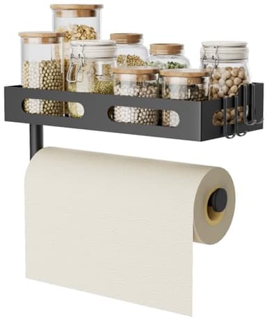 Paper Towel Holder Wall Mount for Kitchen, One-Handed Tear, Bathroom Paper Towel Holder with Shelf, RV Paper Towel Rack Wall Mount Paper Roll Holder with 4 Hooks, Drill Mount/Matte Black