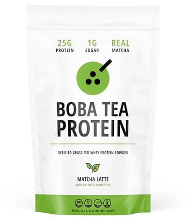Boba Tea Protein Matcha Latte | 25g Grass-Fed Whey Protein Isolate Powder | Gluten-Free & Soy-Free Bubble Tea Protein Drink | Real Ingredients & Lactose-Free Protein Drink | 19 Servings
