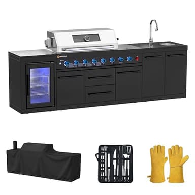 VESTIVIUM 112" All-in-One Outdoor Kitchen, 8-Burner Modular Grill Station, 1-Hour No-Construction Setup, Black SS304 & Black Granite, Sink, Fridge, Complete BBQ Set for Large Patios & Backyards