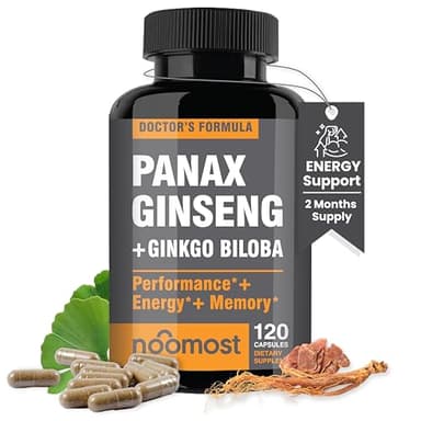 NooMost Authentic Korean Red Panax Ginseng + Ginkgo Biloba, 120 Vegan Capsules, Ginseng Root Extract Powder 1000mg (10% Ginsenosides) + Gingko Biloba 60mg, Energy and Focus Pills for Men and Women