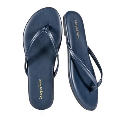 mazeskin Women's Memory Foam Comfortable Flat Thong Sandals Dressy Summer Beach Leather Slide Flip Flops,Navy Blue US11