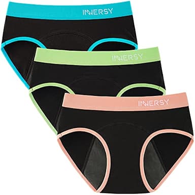 INNERSY Period Underwear for Teens Girls Cotton Leak-Proof Menstrual Panties 3-Pack(Colored Black,L(12-14 yrs))