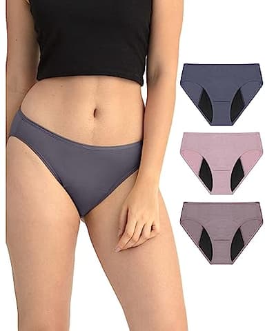 Neione Period Underwear for Women, Leakproof Menstrual Panties High Cut Cheeky Bikini Briefs Postpartum Undies Soft Stretch Breathable 3 Pack Senses S