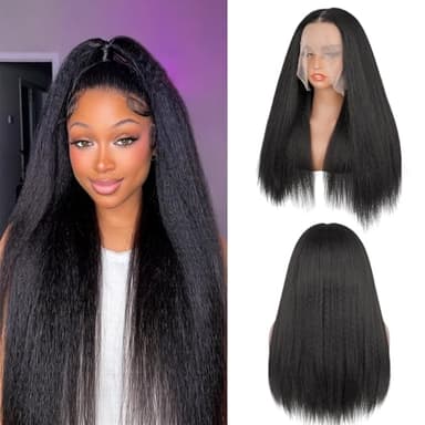 Cemuto Kinky Straight Lace Front Wigs Pre Plucked with Baby Hairs 180% Density Yaki Straight 13x6 Synthetic Transparent HD Glueless Lace Wig as Human Hair Natural Black 22 Inch