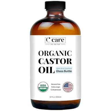 Castor Oil 100% Pure Organic Cold Pressed Unrefined Glass Bottle | USDA Certified Organic | Hexane Free Extra Virgin | for Hair Growth Eyebrows Eyelashes Skin and Castor Oil Pack Wrap