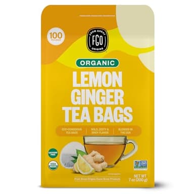 FGO Organic Lemon Ginger Tea, 100 Count, Eco-Conscious Tea Bags, Resealable Bag, Caffeine Free, Packaging May Vary (Pack of 1)