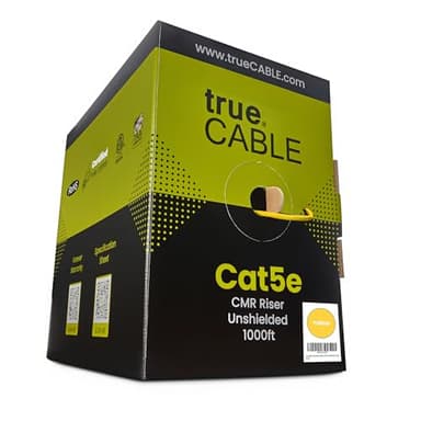 trueCABLE Cat5e Riser (CMR), 1000ft, Yellow, 24AWG 4 Pair Solid Bare Copper, 350MHz, PoE++ (4PPoE), ETL Listed, Unshielded Twisted Pair (UTP), Bulk Ethernet Cable