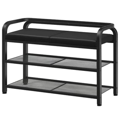 YATINEY Shoe Bench with Backrest, Entryway Bench, 2-Tier Shoe Rack with PU Padded Seat, Upholstered Shoe Storage Bench with Back, for Hallway, Entryway, Foyer, Bedroom, Black HX04BB