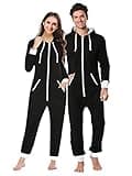 dressfan Unisex Pajamas Hooded Solid Color Onesie Thermal Jumpsuit Sportswear Christmas PJS Set Zipper Non-Footed Women&Men Black XL