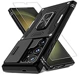DEERLAMN Case for Samsung Galaxy S25 Ultra with Slide Camera Cover+Screen Protector (1 Pack), Rotated Ring Kickstand Military Grade Shockproof Protective Cover-Black