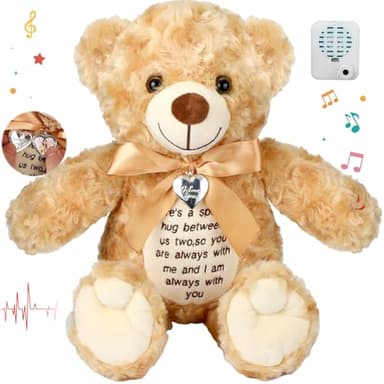 Silipull 12 Inch Bear Stuffed Animals with Voice Recorder Photo Pendant Set Cute Soft Plush Bear Messages Playback Stuffed Animals with Zipper for Boys Girls(Brown)