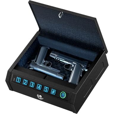 AIRMuch Biometric Gun Safe for Handgun,1s Quick Access 3-Ways Unlock Fingerprint Digital Pin Key Unlock Pistol Safe with LED Light Carbon Steel Gun Safes Lock Box for Car Travel Security Case,Black