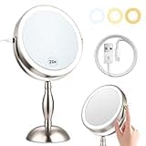 20x Magnifying Mirror with Light, Lighted Makeup Mirror with 3 Color Dimmable Adjustable Mirror, Side Charging Port & SideTouch Sensor, 360° Rotation Double Sided Standing Desk Mirror-Brushed Nickel