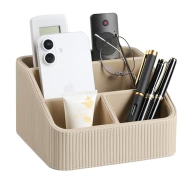 Cretkhp Remote Control Holder with 4 Compartments, PU Leather Small Nightstand Organizer for Home Desk Accessories Office Supplies, Multifunctional Stylish Small Bedside Desktop Organizers (Beige)