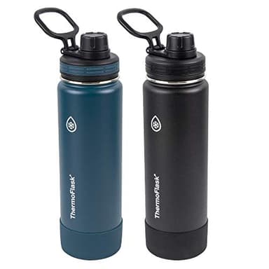 ThermoFlask Stainless Steel Water Bottles 2-Pack - Double-Wall Vacuum Insulated 24 oz BPA-Free Spout Lids - Keeps Drinks Cold 24 Hrs, Hot 12 Hrs - Leakproof, Dishwasher Safe, Mayan Blue/Black