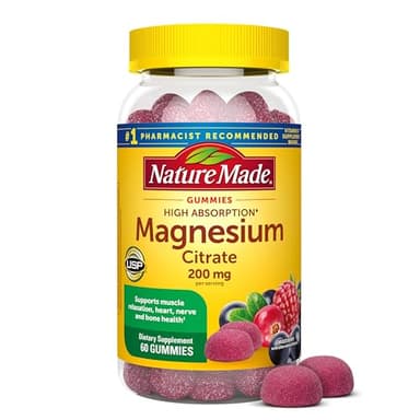 Nature Made High Absorption Magnesium Citrate 200 mg per serving, Magnesium Supplement for Muscle, Nerve, Bone and Heart Support, 60 Magnesium Gummies, 30 Day Supply