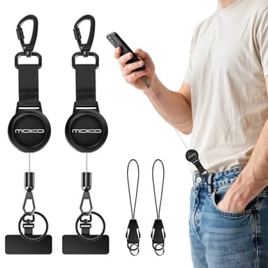 MoKo Anti-theft Phone Tether, Phone Lanyard Retractable Steel Line Cellphone Strap with Locking Carabiner and Metal 360° Tether Tab for Outdoor Skiing Hiking Climbing Fishing, Black