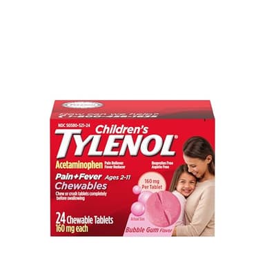 Children's Tylenol Chewables with 160 mg Acetaminophen, Pain Reliever & Fever Reducer for Kids' Cold + Flu Symptoms, Headache, Sore Throat & Toothache, Aspirin-Free, Bubble Gum, 24 ct