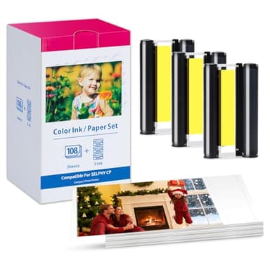 Compatible for Canon Selphy CP1500 CP1300 Ink and Paper for Canon Photo Paper 4x6 Inch Color Ink and Paper Set(3 Ink + 108 Sheets Glossy KP-108in Photo Paper)for Selphy CP1200 CP1000 CP910 CP900 CP810
