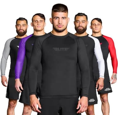 Elite Sports New Item Full Long Sleeve Compression, Mma, Bjj, No Gi, Cross Training Rash Guard, Large, Black
