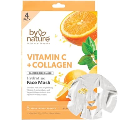 By Nature Vitamin C + Collagen Sheet Face Mask with Vitamin E – Firming, Anti-Aging Facial Treatment for Radiance, Elasticity & Hydration – Skincare for Pre-Event Glow & All Skin Types – Pack of 4