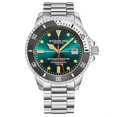 Stuhrling Depthmaster Heritage Diver Swiss Quartz Watch, 42mm, Teal Dial, Stainless Steel, 100M Water Resistant (Teal)