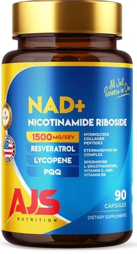 AJS NAD+ Cellular Energy – NR Supplement with PQQ, Resveratrol, Lycopene, Spermidine, L-Ergothioneine, and Collagen Peptides – 90 Capsules for Cellular Support (90Count （Pack of 2)