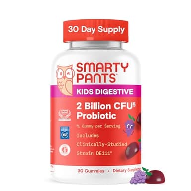 SmartyPants Kids Probiotic Gummies for Digestive Health: 2 Billion CFU Gut Health and Immune Support Supplement, Clinically Studied Probiotic, Gluten Free, Grape, 30 Count (30 Day Supply)