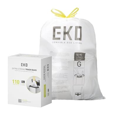 EKO 21 Gallon / 50-90 Liter,110 CountDrawstring Trash Bags, Extra-Strong Unscented Garbage Bags, Easy-Dispense Roll for Kitchen & Household Use, Resists Tears, Leaks and Punctures, Code G, White