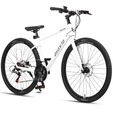 AVASTA 700C Road Adult Step-Over Hybrid Bike Bicycle for Men Woman Male Female,Lightweight Aluminum Alloy Frame with 21-Speed Gearing for City Commuting,Dual Disc Brakes,17 inch Frame,White