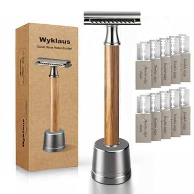 Wyklaus Double Edge Safety Razor: Premium Metal Single Blade Face Razor for Men & Women, Eco-Friendly Bamboo Handle & 10 Double Edge Blades