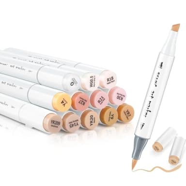 SFAIH Skin Tone Alcohol Markers Brush & Chisel - 11 Light Portrait Colors+Mixed Color 0, Blendable & Refillable Permanent Art Markers for Adults/Artists/Creators & Illustrators