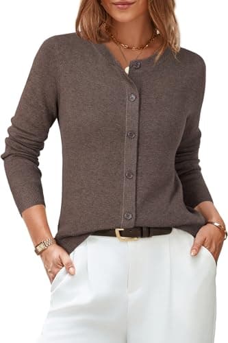 Arach&Cloz Womens Cardigan Sweaters 2026 Soft Layering Essential Wool Long Sleeve Crew Neck Button Down Lightweight Top Fashion Outfits Summer Spring Business Casual Work Cropped Coffee XL