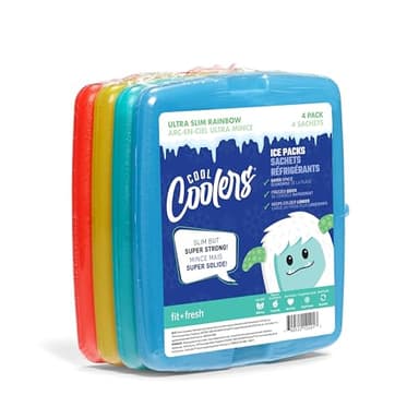 Cool Coolers By Fit & Fresh 4 Pack Slim Ice Packs, Quick Freeze Space Saving Reusable Ice Packs for Lunch Boxes or Coolers, Multi Colored, Single Pack