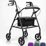 Vive Mobility Steel Rollator Walker with Seat - Foldable, Narrow, Rolling Senior Walker for Small Spaces - 4 Wheel Lightweight Adult Easy Drive with Underseat Storage, Adjustable Height (Black)