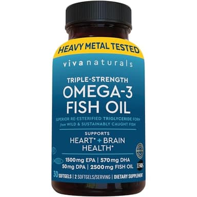 Viva Naturals Omega-3 Fish Oil, Triple Strength, 2500 mg, 30 Softgels – Re-Esterified Omega 3 Fatty Acids Including EPA, DHA, DPA - Pascatarian-Friendly