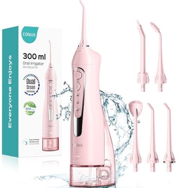 COSLUS Water Dental Flosser Teeth Pick C20(F5020E): Portable Cordless Oral Irrigator 300ML Rechargeable Travel Irrigation Cleaner IPX7 Waterproof Electric Flossing Machine for Teeth Cleaning, Pink