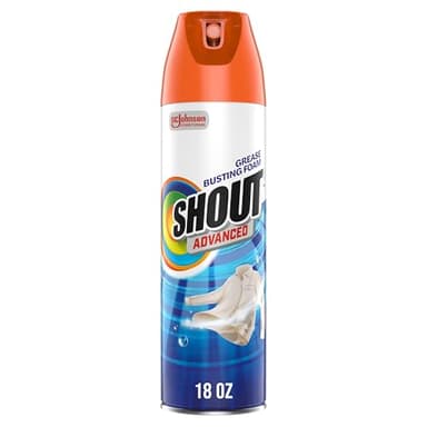 Shout Advanced Grease Busting Foam, Laundry Stain Remover, Oil and Grease Stain Remover for Clothes Laundry; Works on motor oil, bike grease, cooking oil, and more! 18oz Can