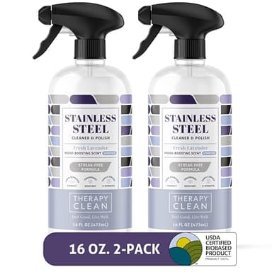 Therapy Stainless Steel Cleaner and Polish 100% USDA Biobased, Fingerprint and Residue Remover, Lavender Essential Oil Scent, Sink Cleaner, Grill Spray